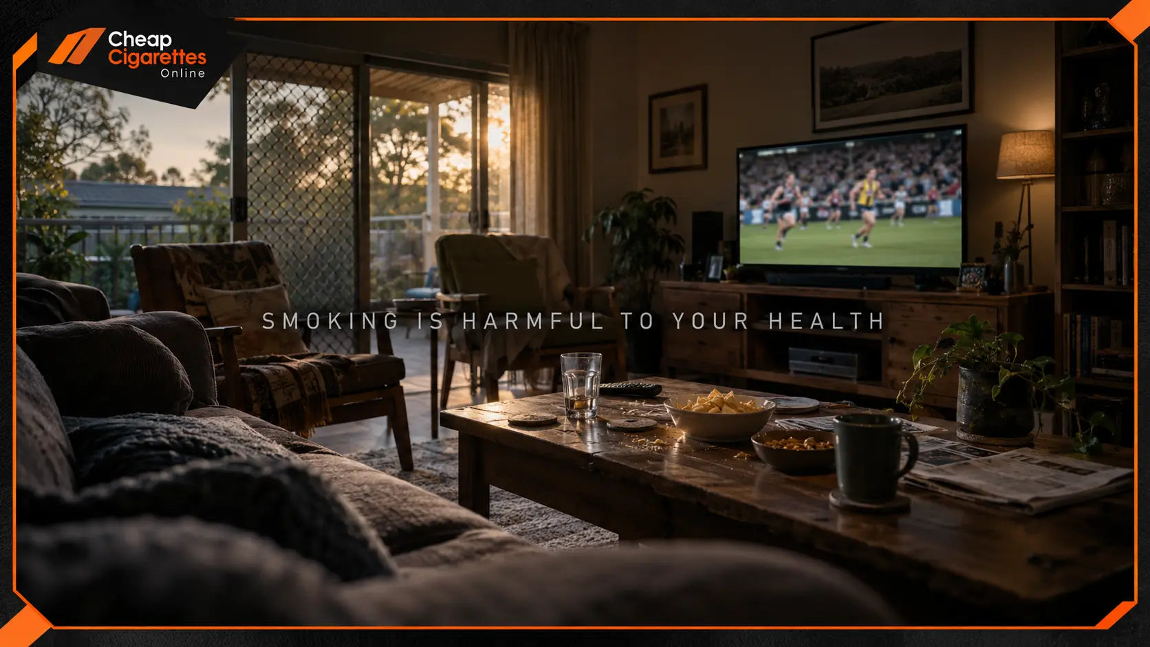 A modest Australian living room prepared for a televised sporting event