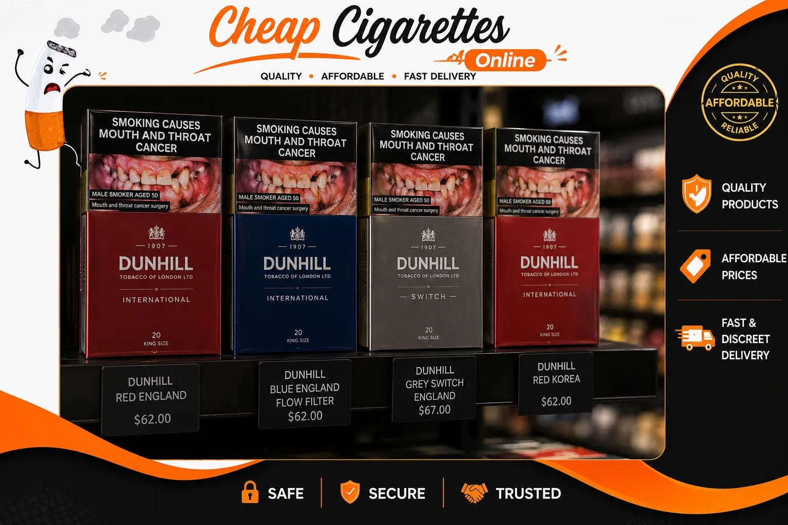 Dunhill imported cigarette cartons displayed with premium hard pack packaging presentation in Australia