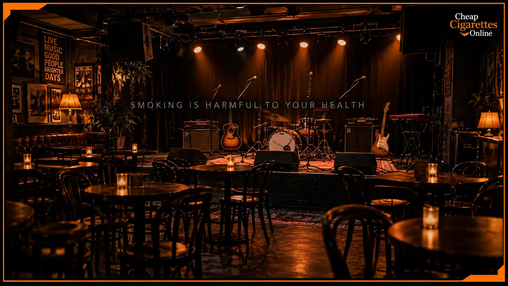 Small Australian live music venue with an intimate stage and tables before a performance