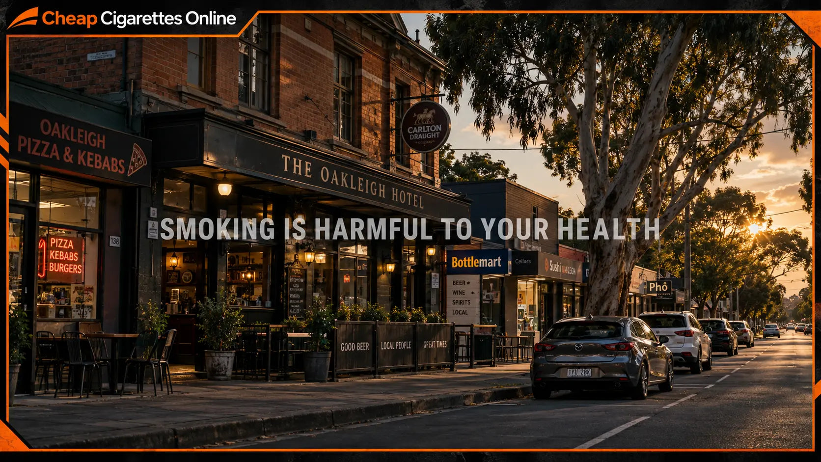 A traditional Australian neighbourhood pub beside local shops on a quiet suburban street.