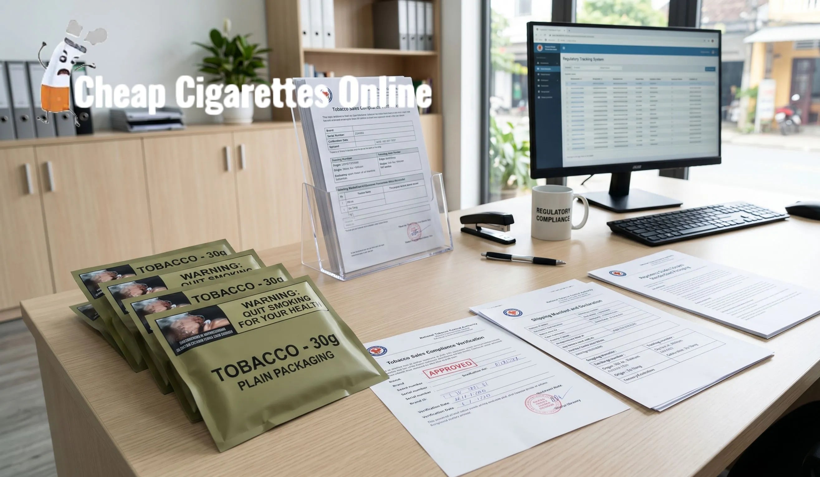 Australian tobacco compliance paperwork beside plain packaged tobacco products