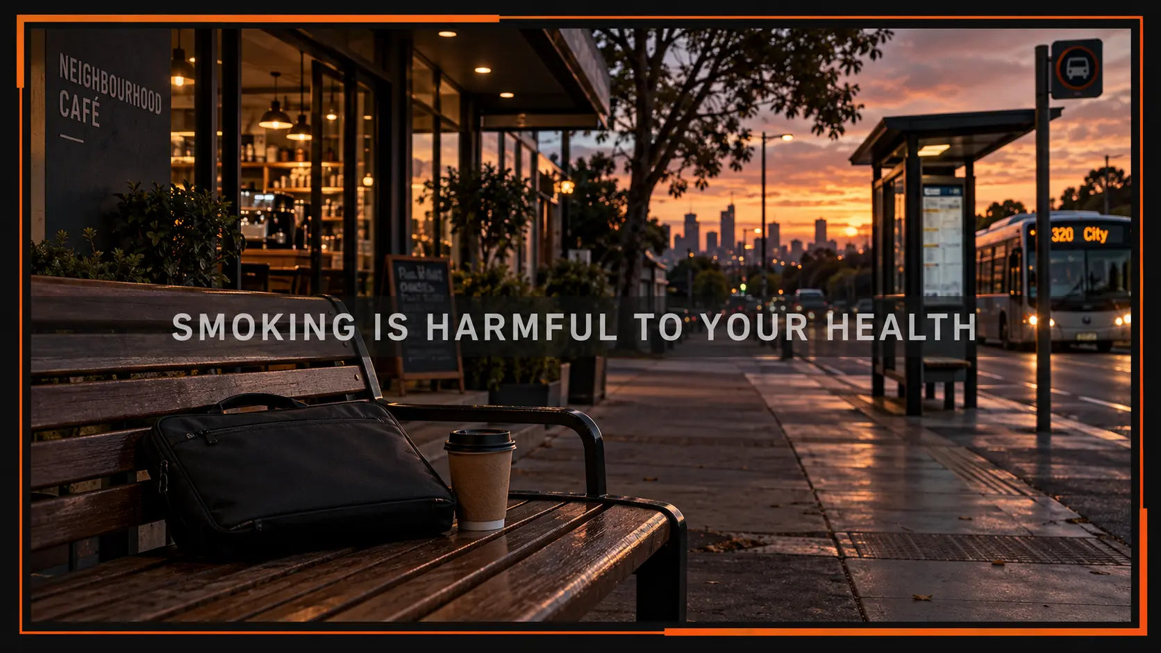 An ordinary Australian city street at dusk with a café, bus stop and warm shopfront lighting.