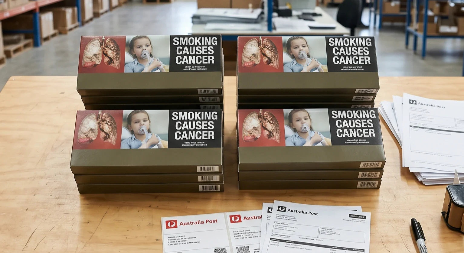 Plain packaged cigarette cartons prepared for low-cost online tobacco delivery in Australia