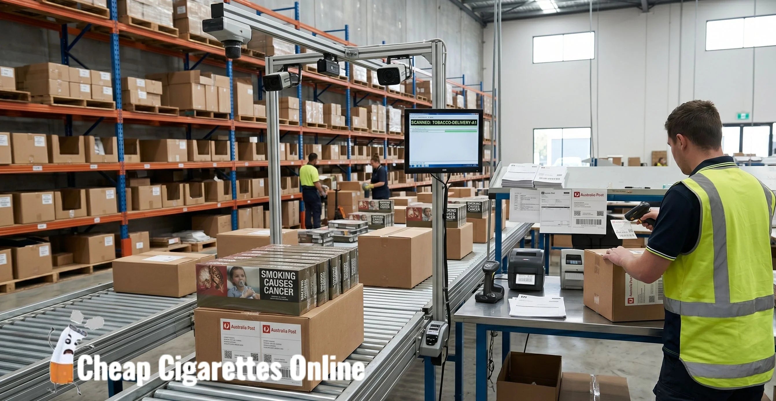 Tobacco delivery parcels being processed through an Australian dispatch facility