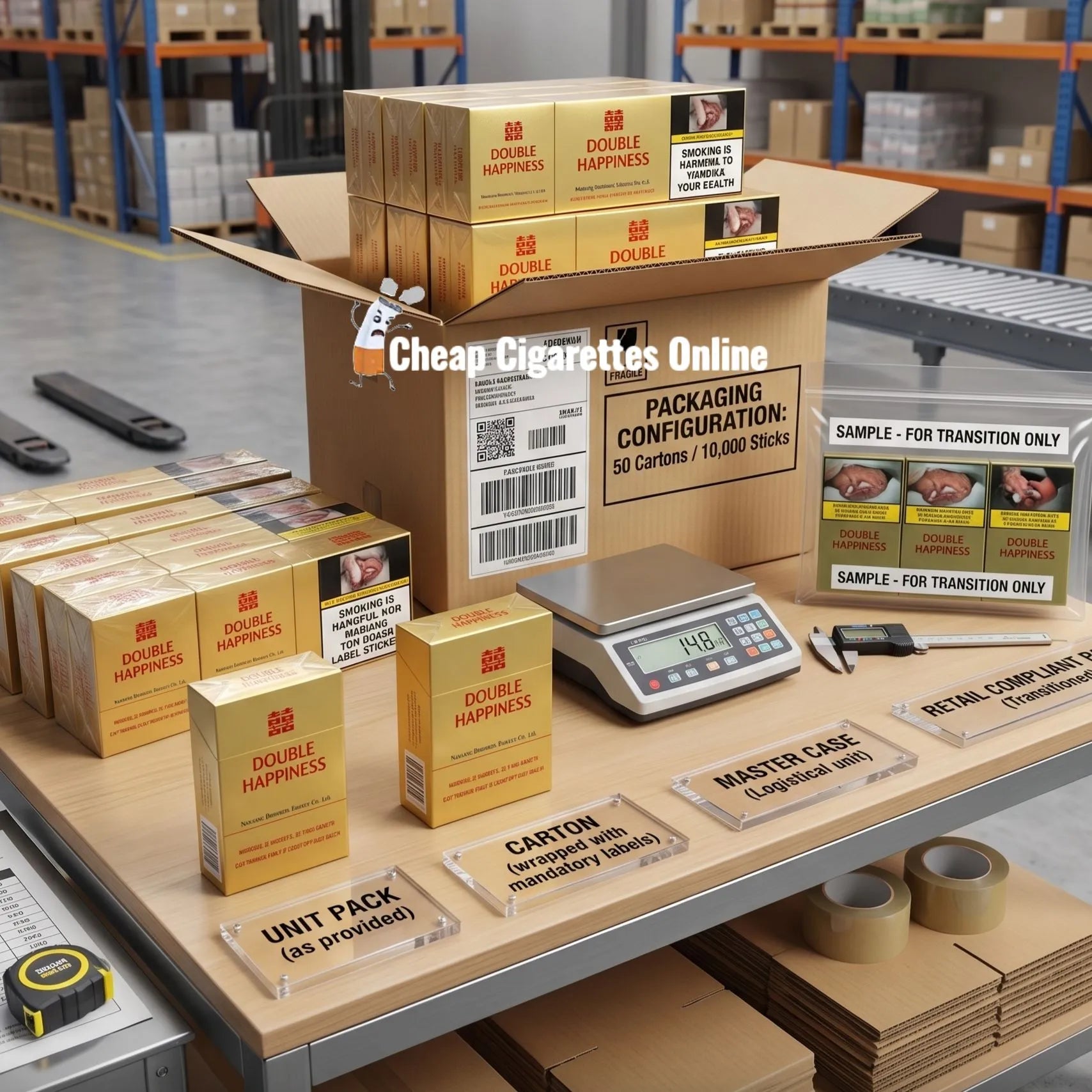 Double Happiness cigarette pack formats and carton structures arranged for operational comparison in Australia