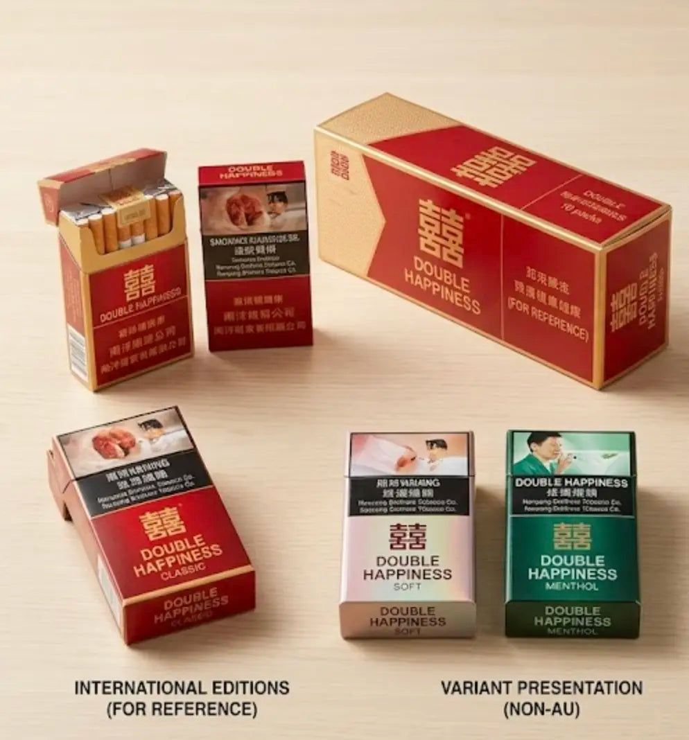 Double Happiness cigarette packs and cartons displayed for packaging and variant comparison in Australia