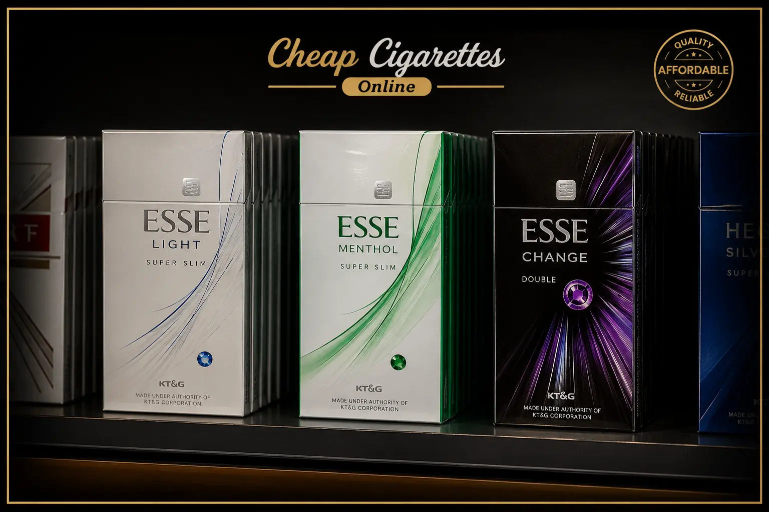 Esse Light Super Slim, Esse Menthol Super Slim, and Esse Change cigarette cartons displayed together on a premium dark retail shelf in Australia
