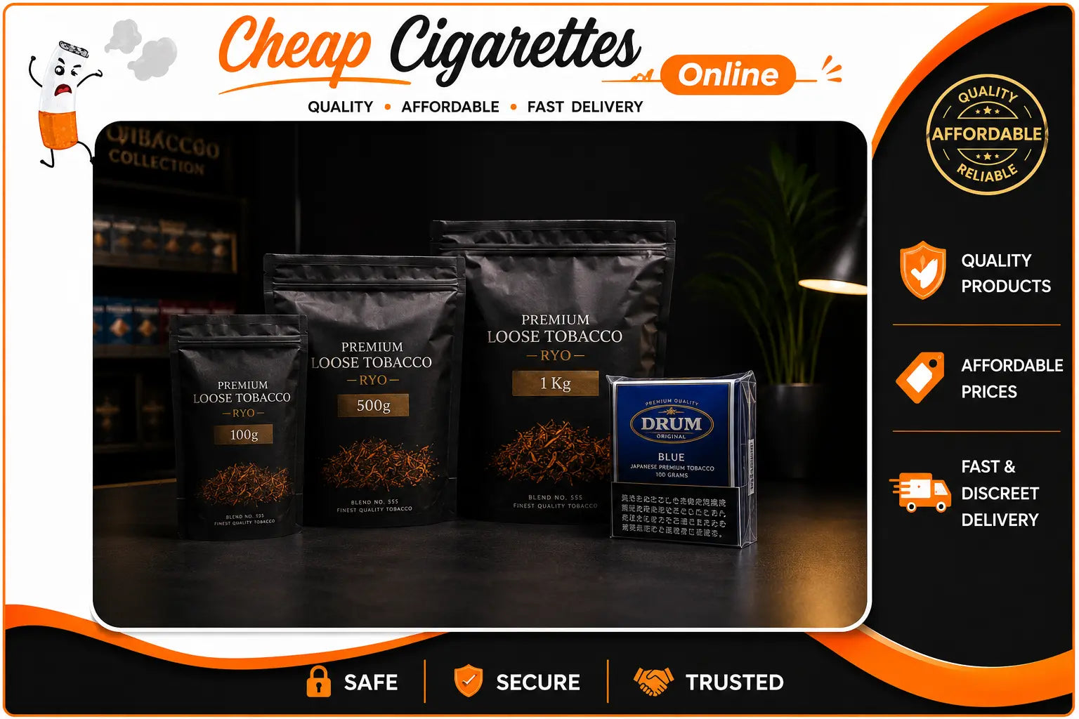 Premium rolling tobacco formats and imported loose tobacco products displayed on a dark retail surface in Australia