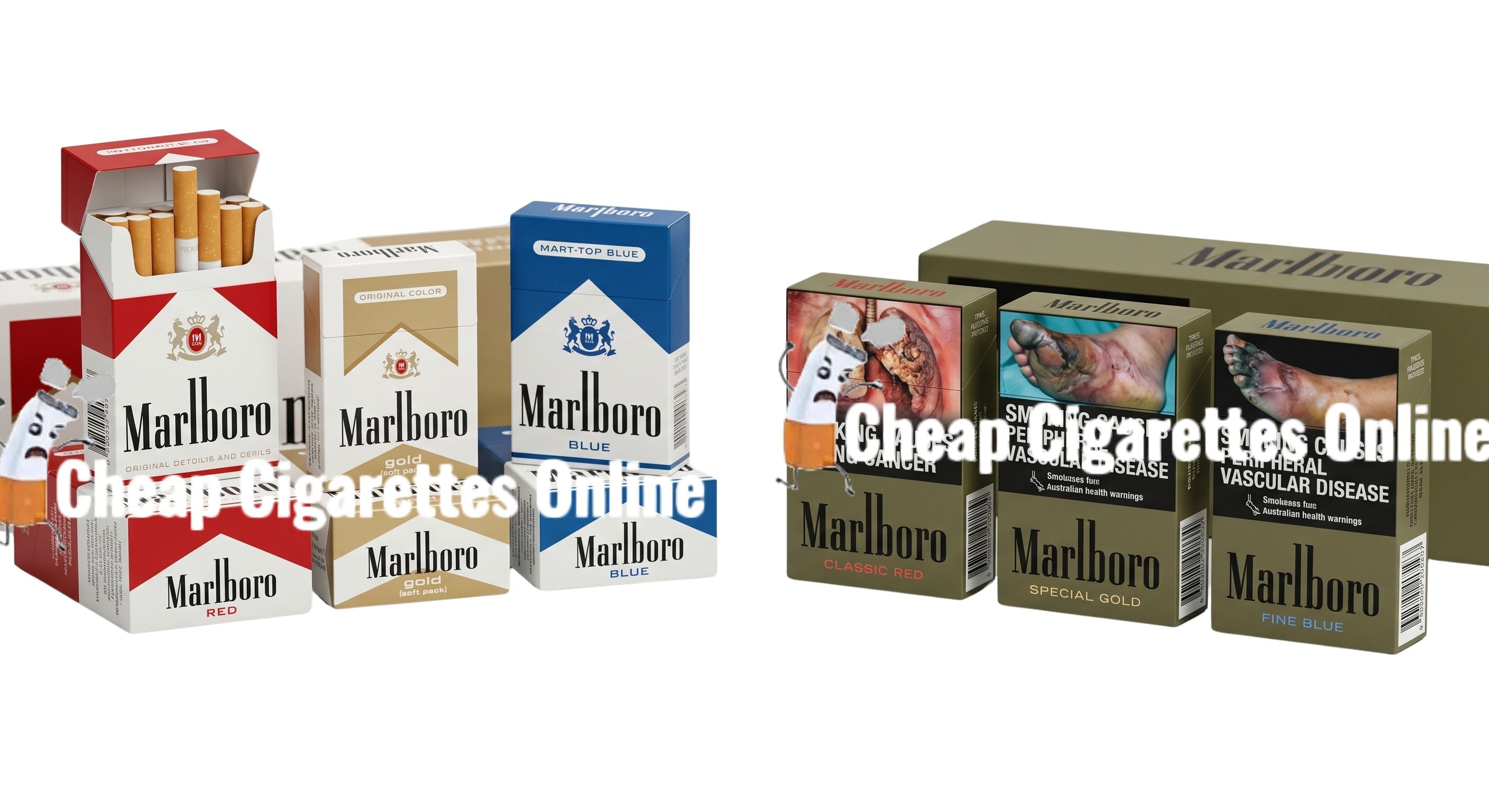 Genuine Marlboro cigarette packaging comparison showing Red, Gold, and Blue variants in Australia
