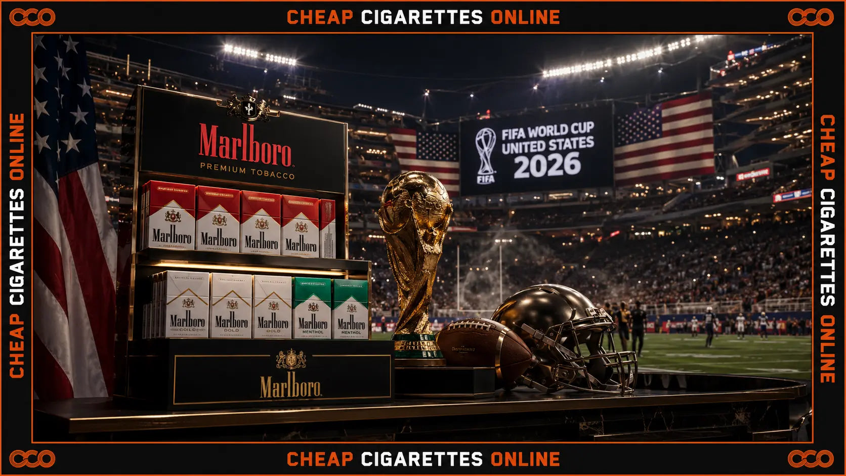 Alt: Marlboro cigarettes and American football inspired World Cup 2026 editorial concept