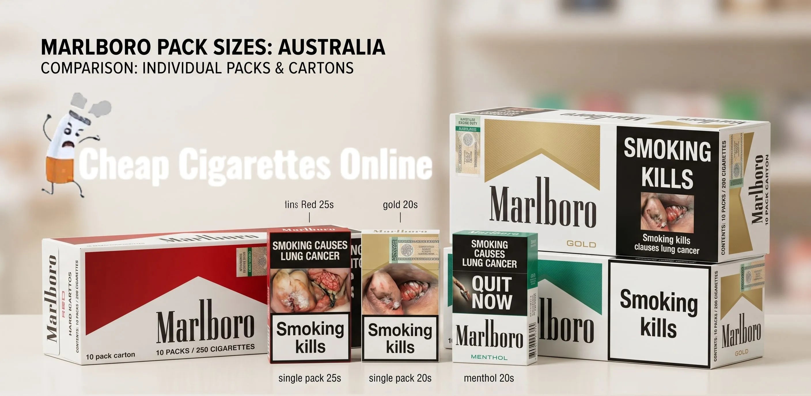 Marlboro cigarette single packs and carton packaging formats compared in Australia