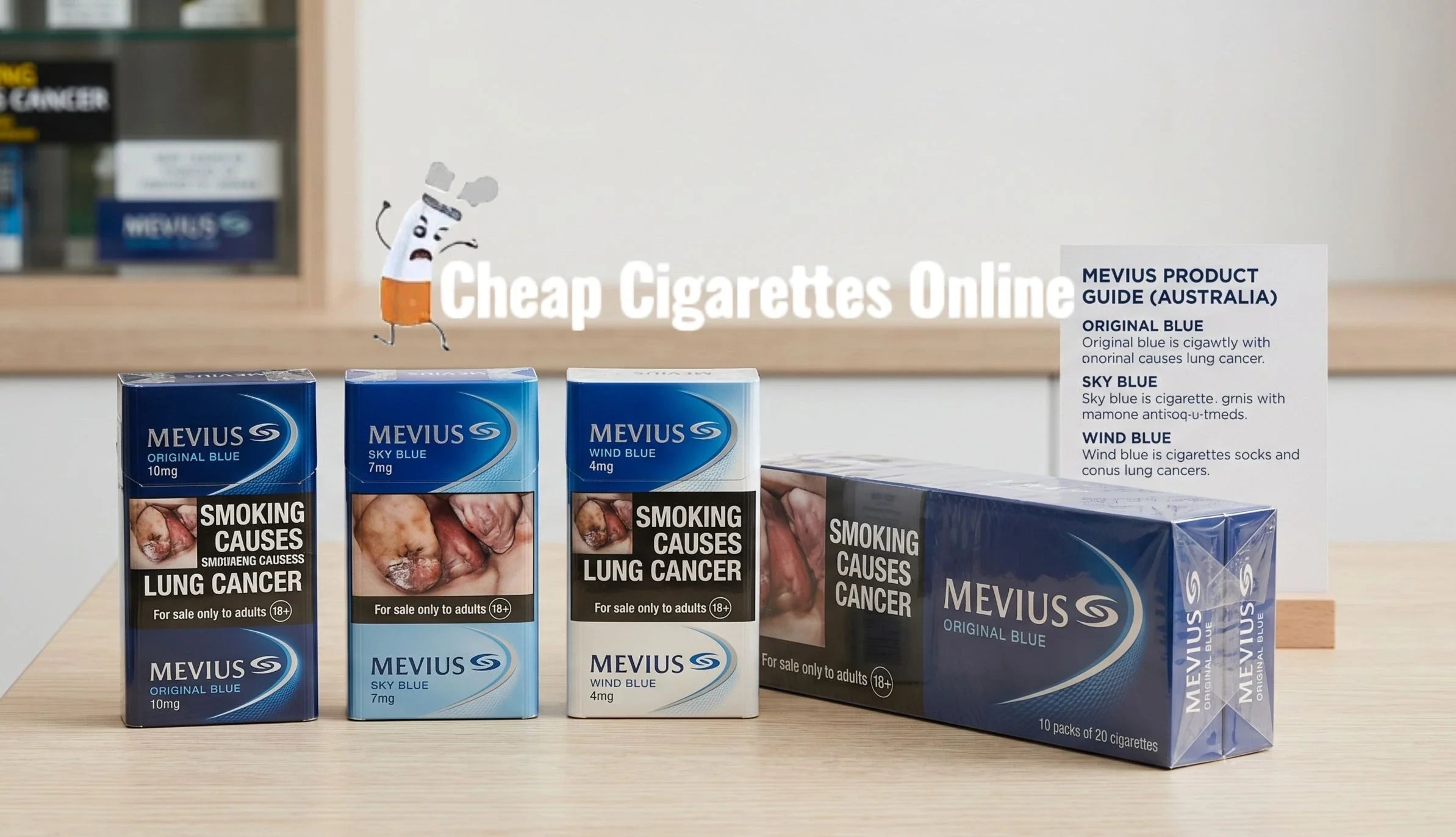 Mevius cigarette products displayed with packs and cartons for adult buyer information in Australia