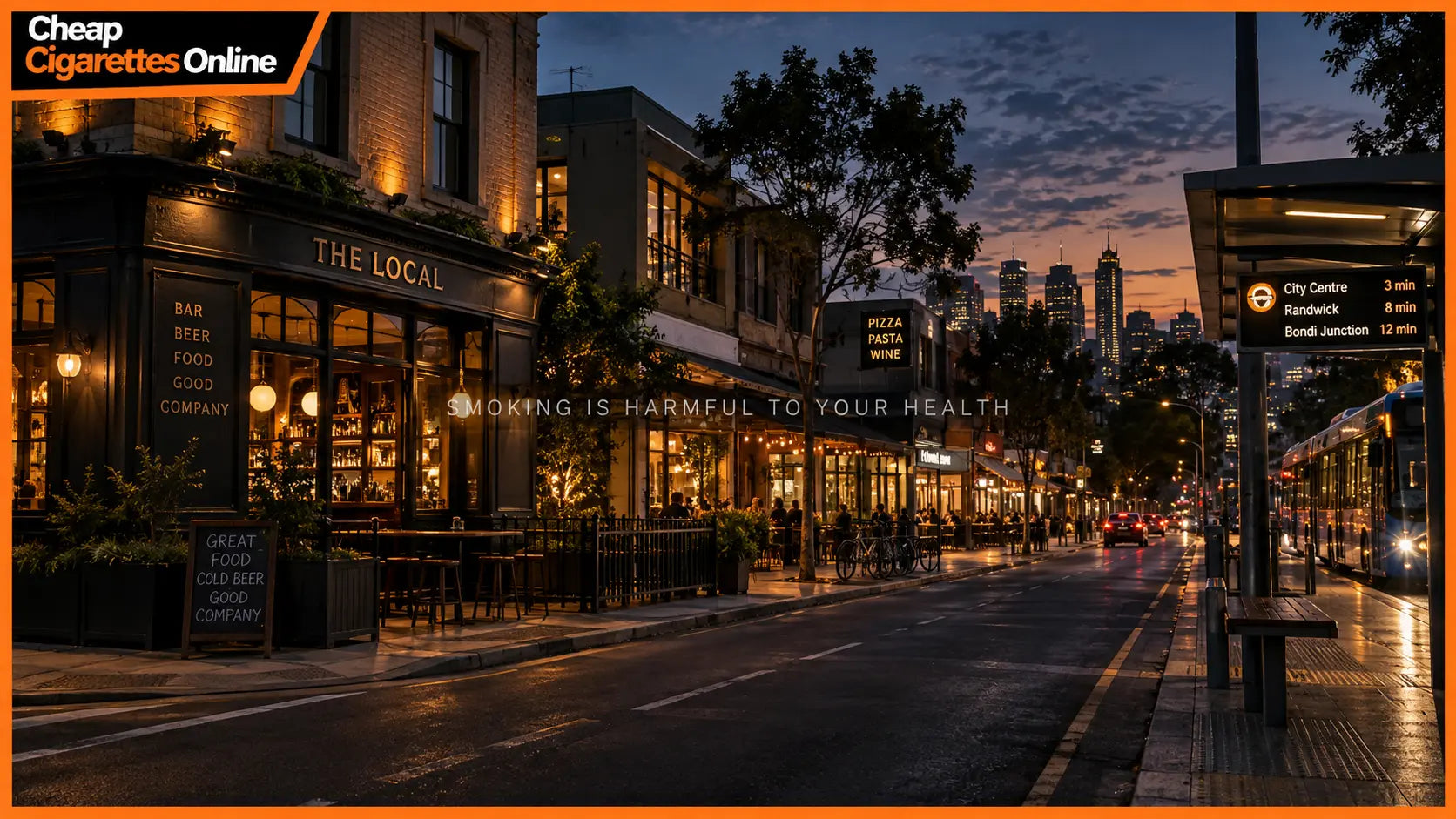 Quiet Australian city street with a restaurant, local pub and public transport stop at early evening