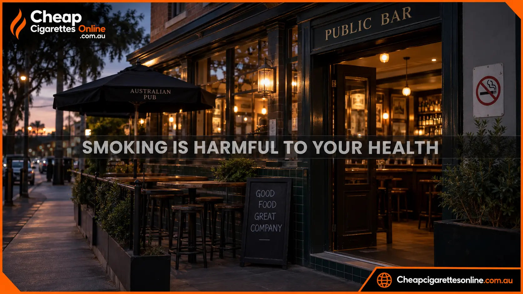 Australian pub entrance and adjoining outdoor pedestrian area in the early evening, with a neutral smoke-free sign