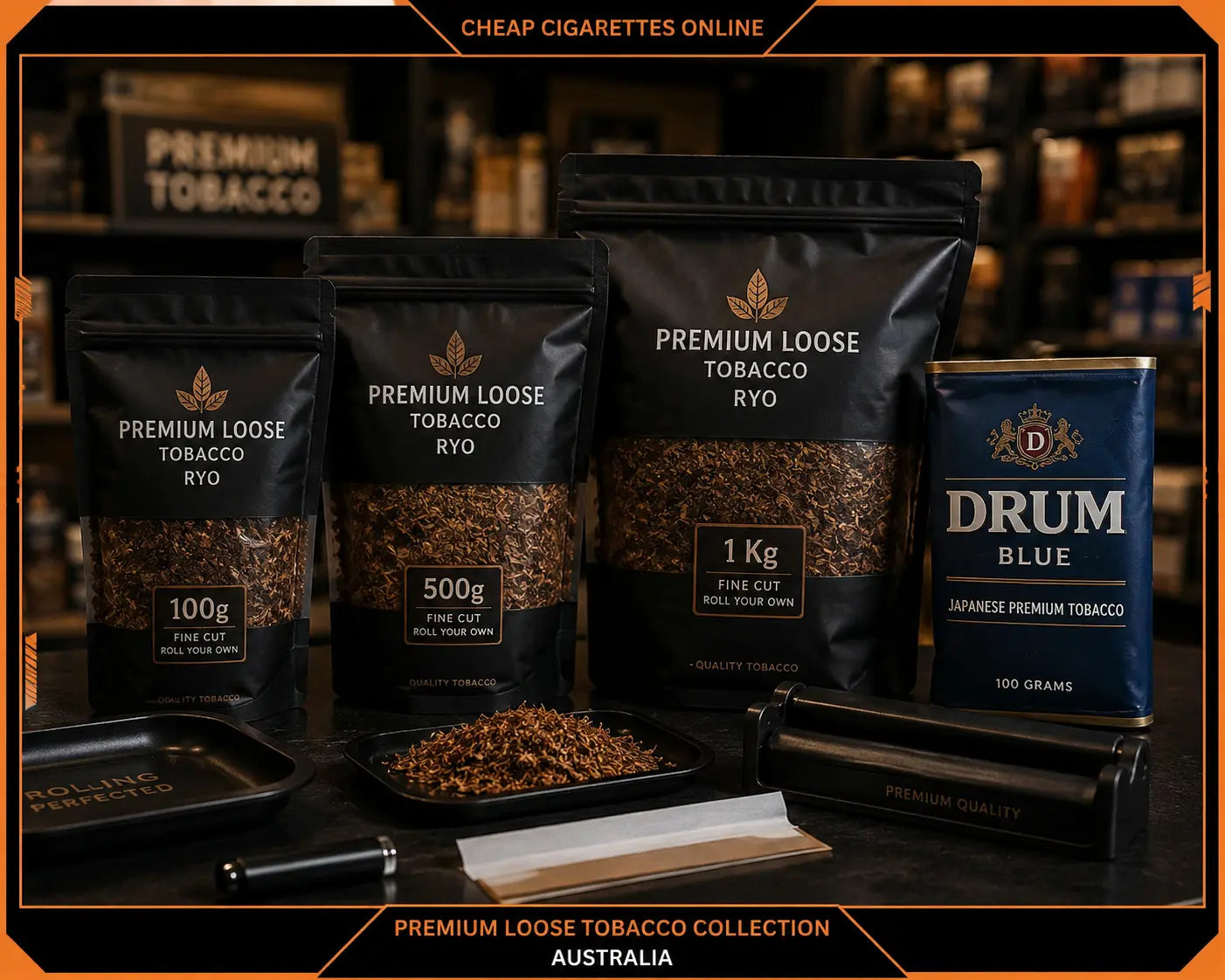 Premium loose tobacco products displayed in a modern rolling tobacco environment in Australia