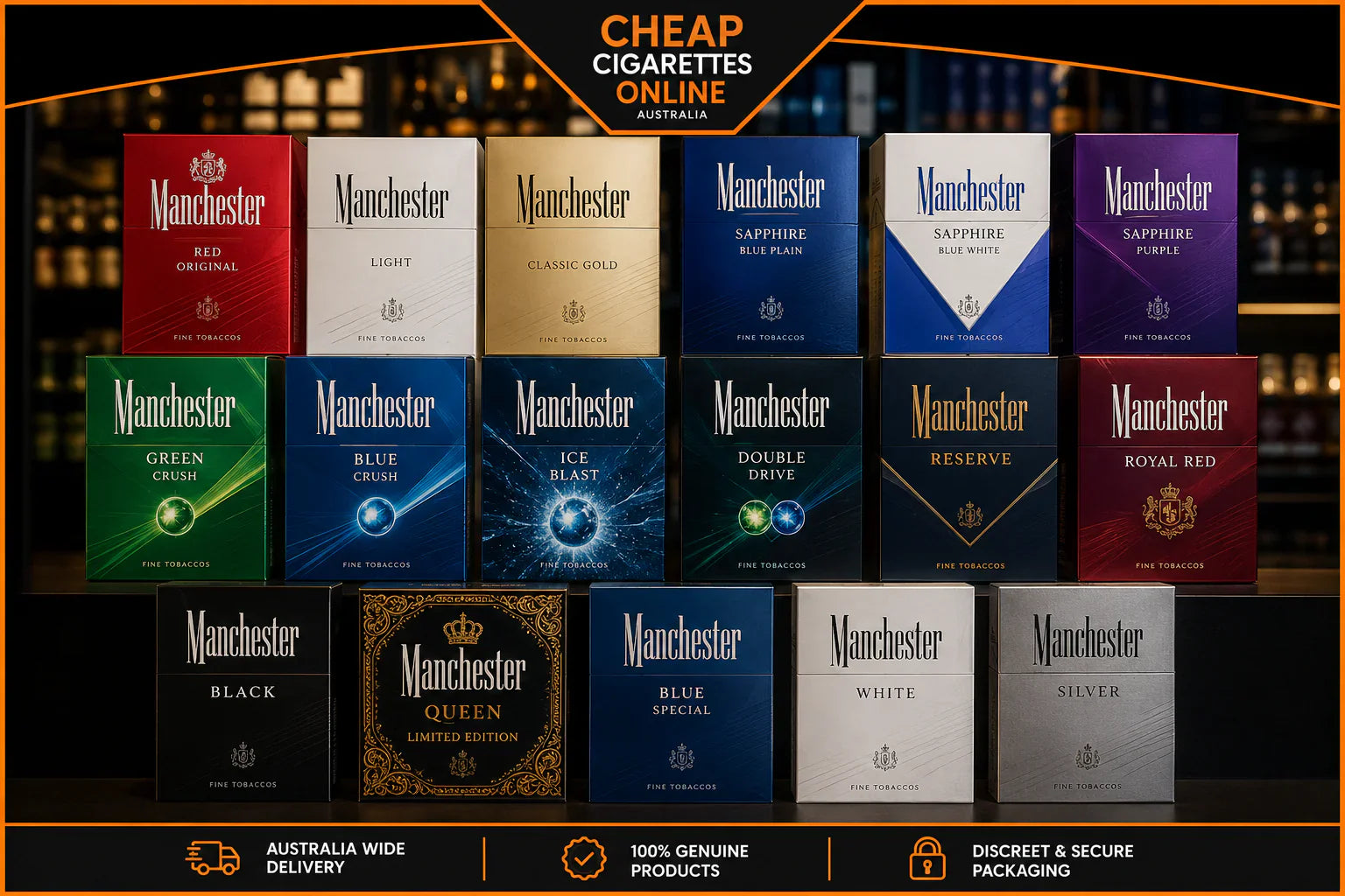 Manchester cigarette cartons collection featuring Sapphire, Crush, Reserve, and classic Manchester variants in Australia