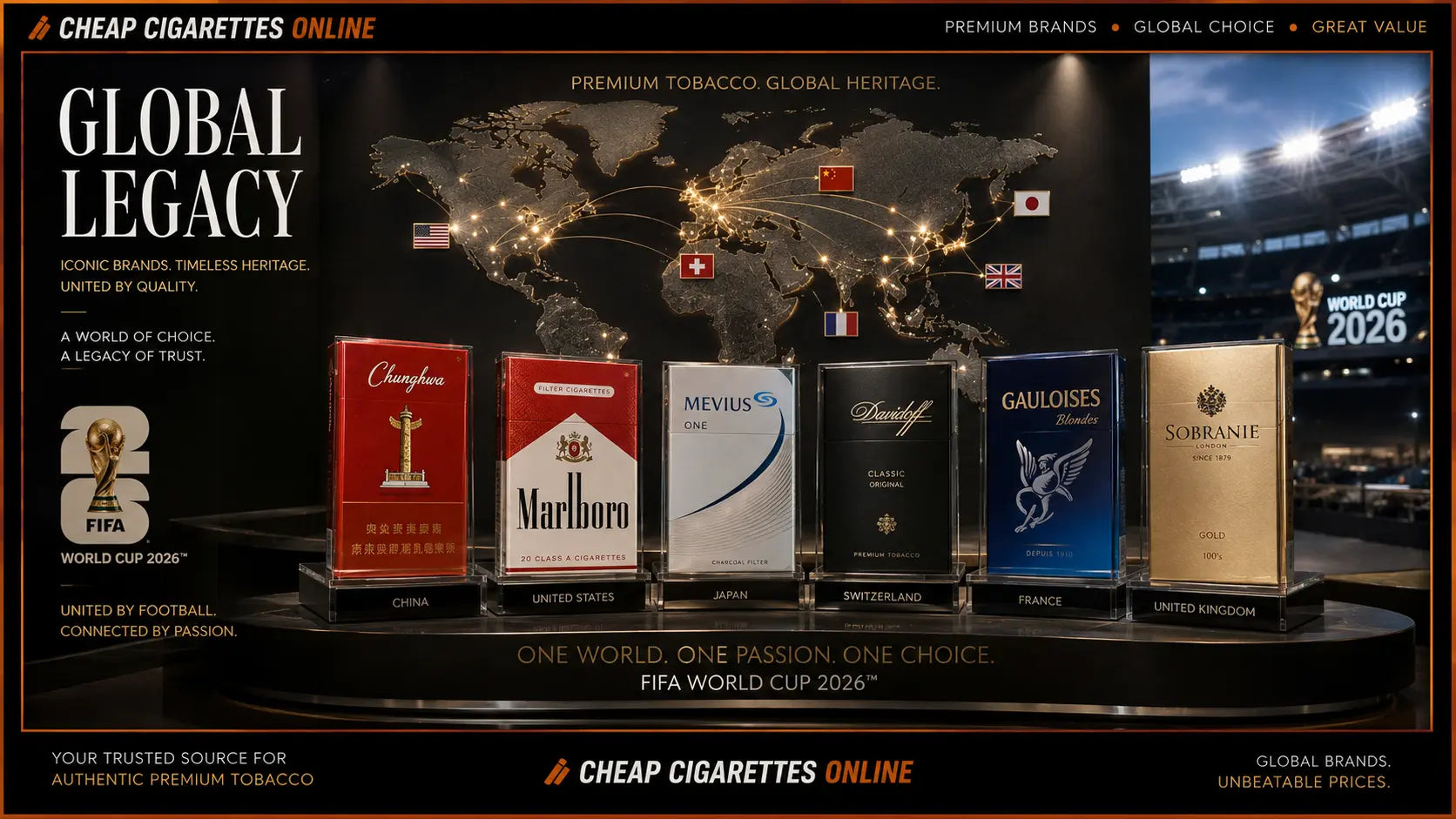 Comparison of famous cigarette brands from China, the United States, Japan, Switzerland, France and the United Kingdom ahead of FIFA World Cup 2026
